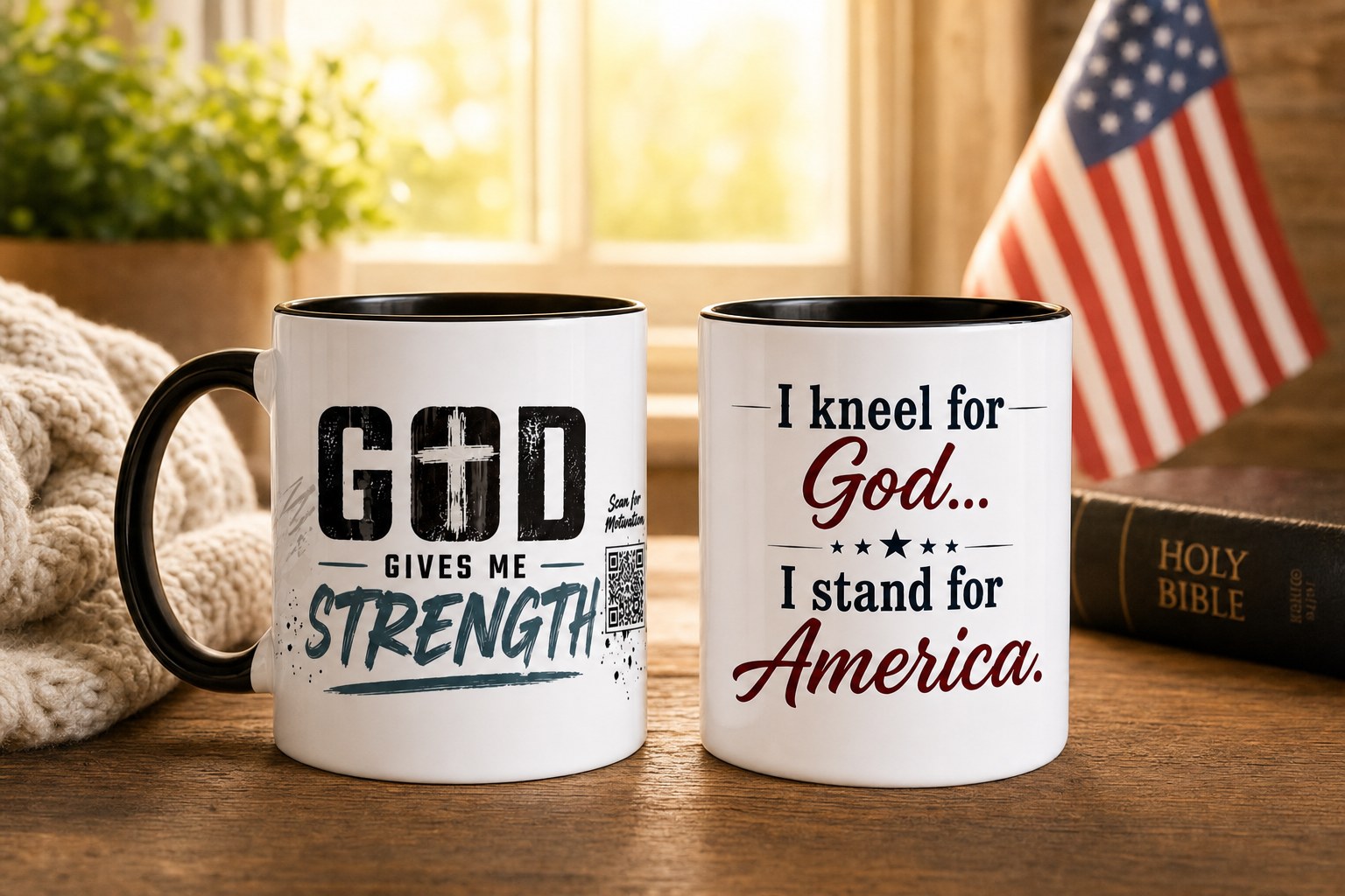 God Gives Me Strength mug and I Kneel for God, I Stand for America mug styled together with an American flag and Bible