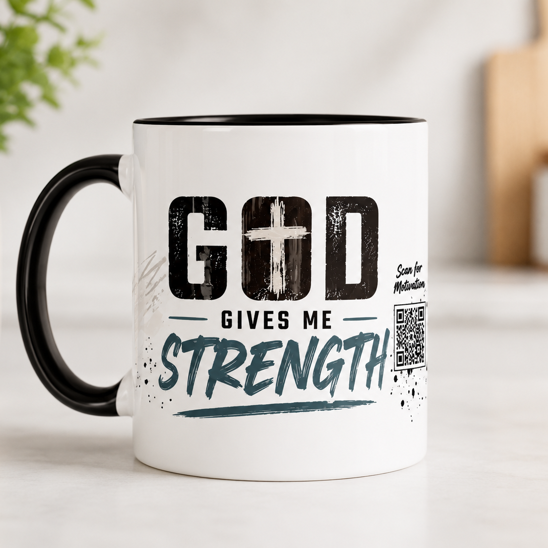 God Gives Me Strength ceramic coffee mug front