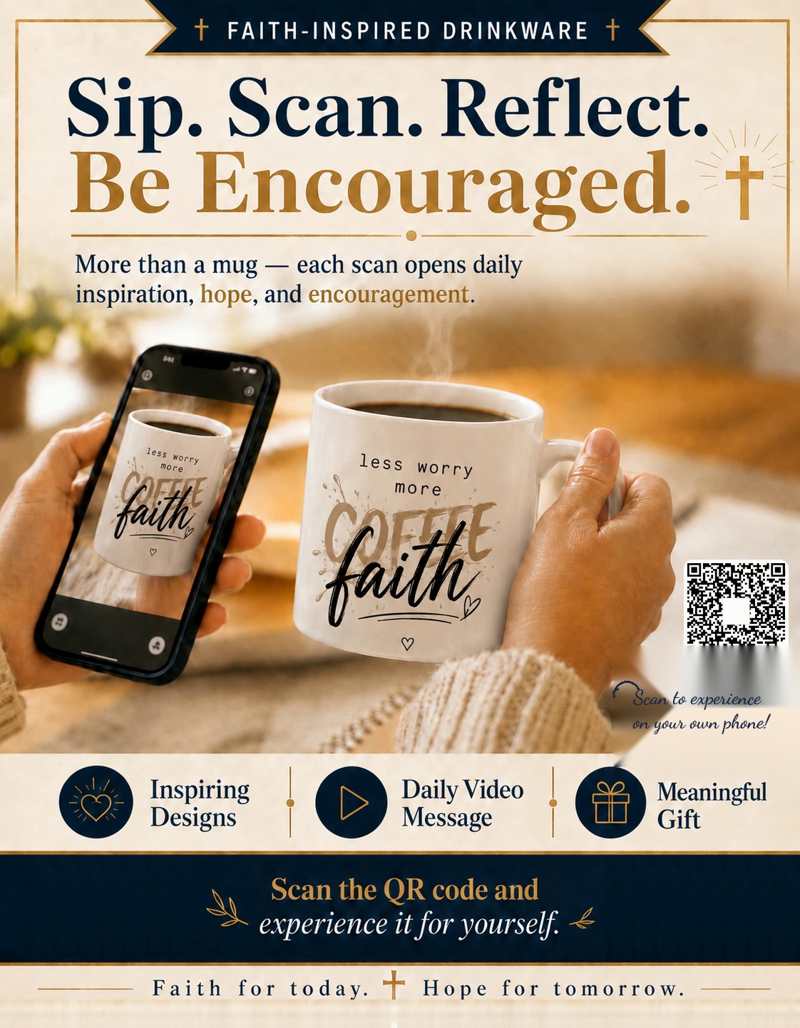 Sip. Scan. Reflect. Be Encouraged. — Coffee Faith mug with live scannable QR code