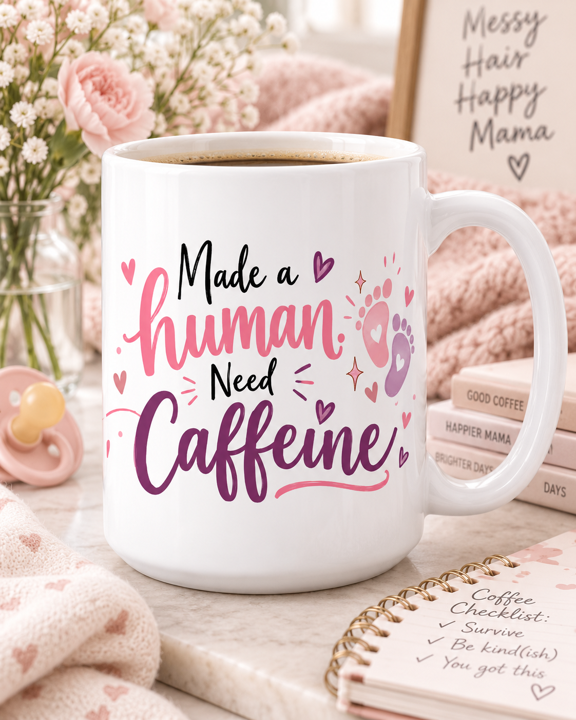 Made a Human, Need Caffeine mug front, girl