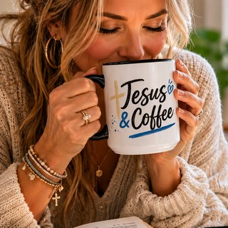 Woman sipping from a Jesus & Coffee mug