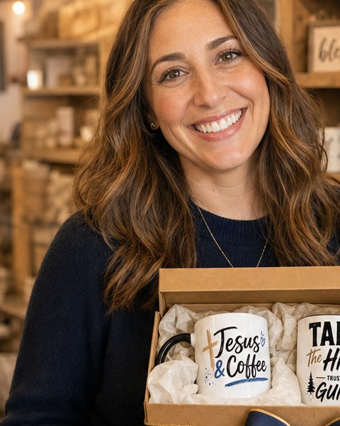 Woman opening a gift box with Jesus & Coffee and Take the Hike mugs