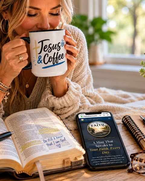 Woman enjoying coffee from a Jesus & Coffee mug while reading her Bible